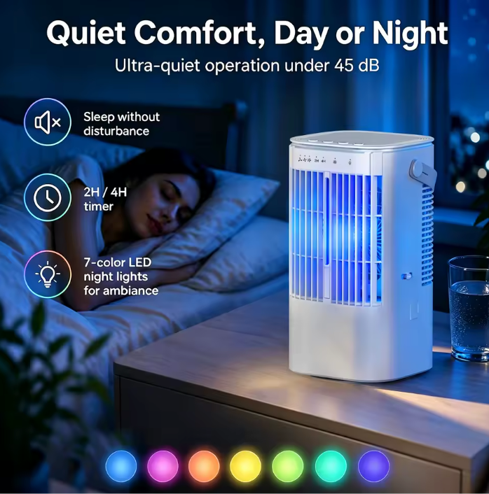 Draagbare Mini Airco en Luchtkoeler 900 ml – 3 Snelheden, Verneveling, 90° Oscillatie en 7-Kleuren Nachtlampje
