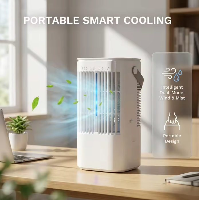 Draagbare Mini Airco en Luchtkoeler 900 ml – 3 Snelheden, Verneveling, 90° Oscillatie en 7-Kleuren Nachtlampje