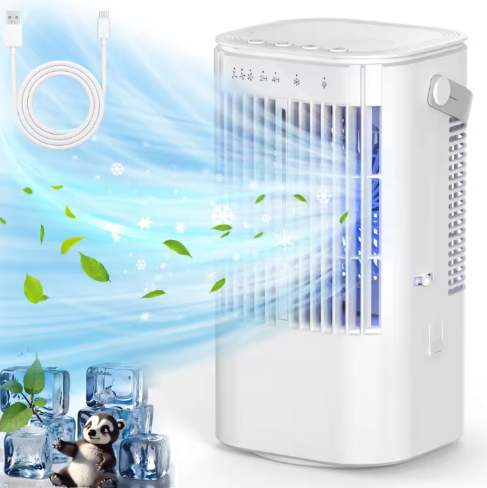 Draagbare Mini Airco en Luchtkoeler 900 ml – 3 Snelheden, Verneveling, 90° Oscillatie en 7-Kleuren Nachtlampje