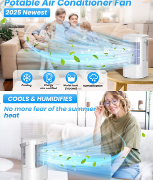 Draagbare Mini Airco en Luchtkoeler 900 ml – 3 Snelheden, Verneveling, 90° Oscillatie en 7-Kleuren Nachtlampje