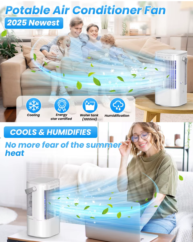 Draagbare Mini Airco en Luchtkoeler 900 ml – 3 Snelheden, Verneveling, 90° Oscillatie en 7-Kleuren Nachtlampje