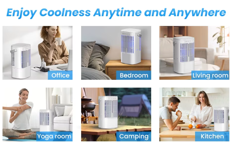 Draagbare Mini Airco en Luchtkoeler 900 ml – 3 Snelheden, Verneveling, 90° Oscillatie en 7-Kleuren Nachtlampje