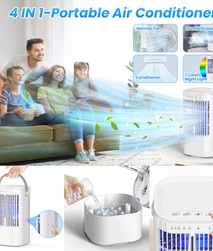 Draagbare Mini Airco en Luchtkoeler 900 ml – 3 Snelheden, Verneveling, 90° Oscillatie en 7-Kleuren Nachtlampje
