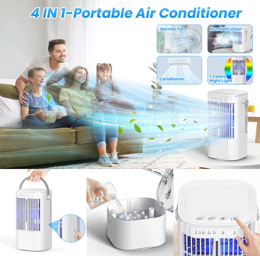 Draagbare Mini Airco en Luchtkoeler 900 ml – 3 Snelheden, Verneveling, 90° Oscillatie en 7-Kleuren Nachtlampje