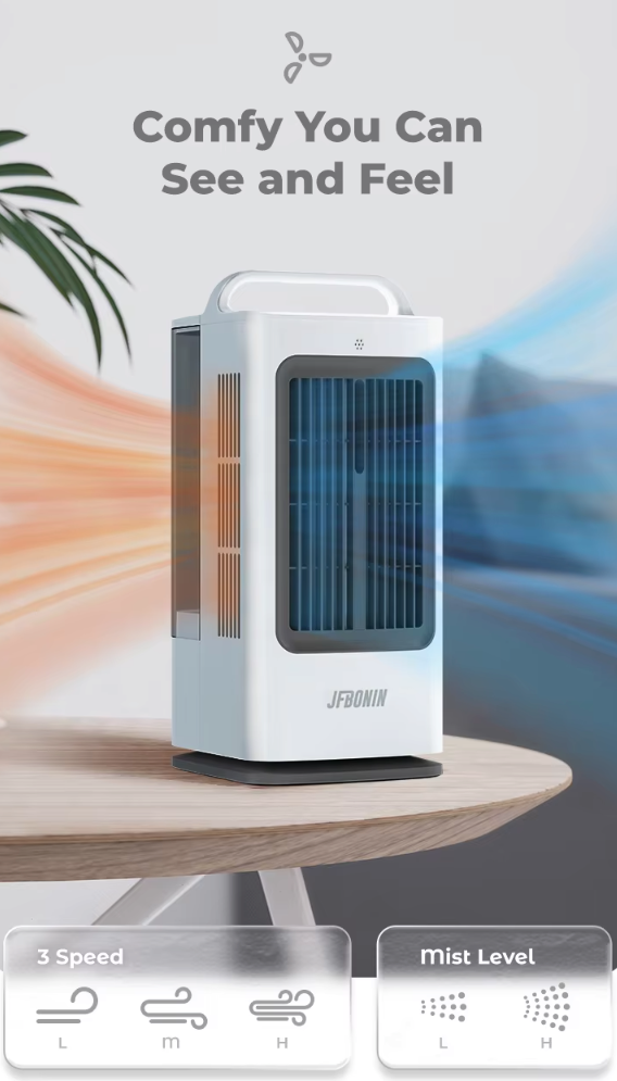 3-in-1 Mini Airco en Draagbare Luchtkoeler 1700 ml – 3 Snelheden, 120° Oscillatie, Touchbediening en Ultrasone Verneveling