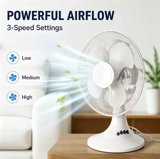 Elektrische Tafelventilator 43 cm – 3 Snelheden, Stille Werking, 30° Kantelbaar en Veilig Beschermrooster