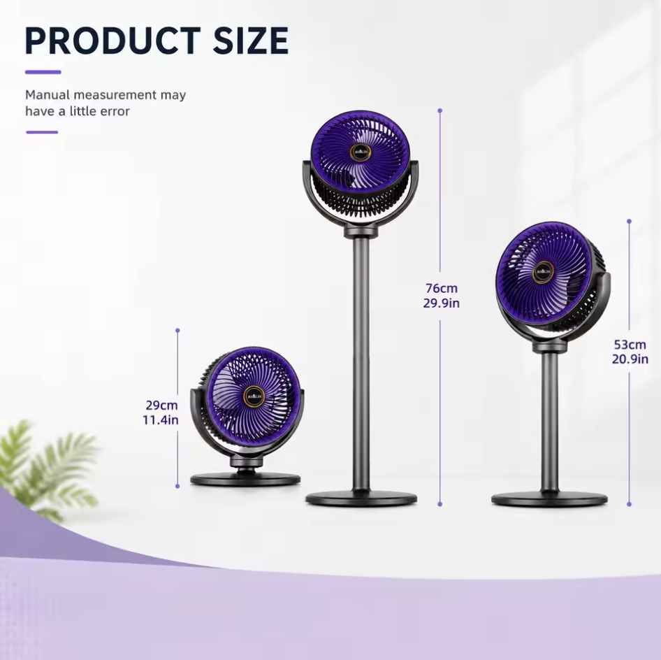 3-in-1 Verstelbare Luchtcirculatieventilator – 5 Snelheden, 4 Hoogtestanden, Stille Werking en USB-C