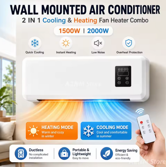 Wandmodel Airco en Ventilatorkachel 2-in-1 – 1500 W, Natuurlijke Lucht, Verwarming, Touchbediening en Afstandsbediening