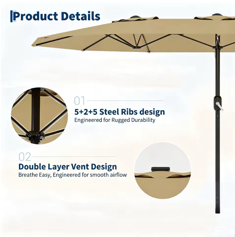 Grote Rechthoekige Tuinparasol 460 × 270 cm – Kantelbaar Zonnescherm met Dubbel Krukmechanisme, UV-Bescherming en Waterdicht Doek
