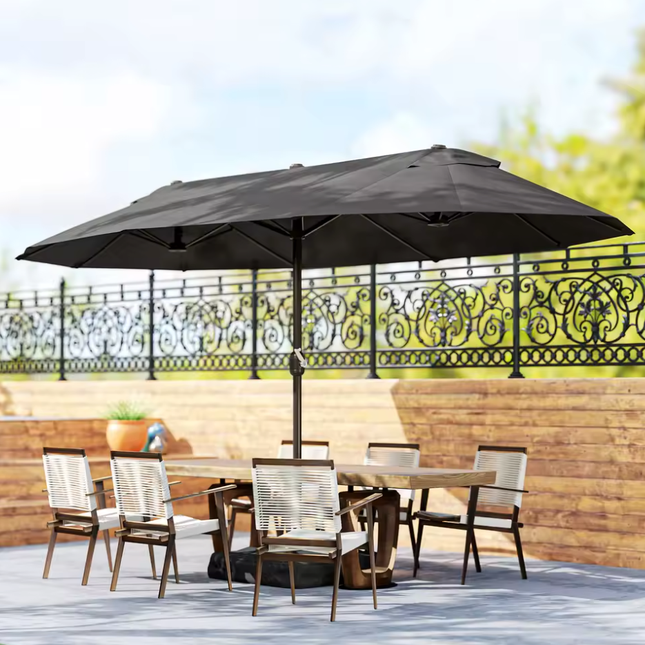 Grote Dubbele Tuinparasol 455 × 265 cm – Rechthoekig, met Krukmechanisme, Kruisvoet en Zandzakken, Grijs