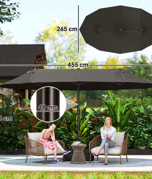 Grote Dubbele Tuinparasol 455 × 265 cm – Rechthoekig, met Krukmechanisme, Kruisvoet en Zandzakken, Grijs