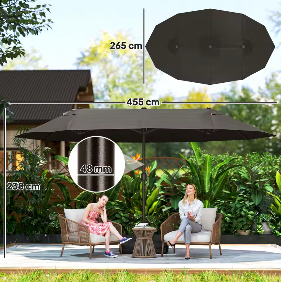 Grote Dubbele Tuinparasol 455 × 265 cm – Rechthoekig, met Krukmechanisme, Kruisvoet en Zandzakken, Grijs