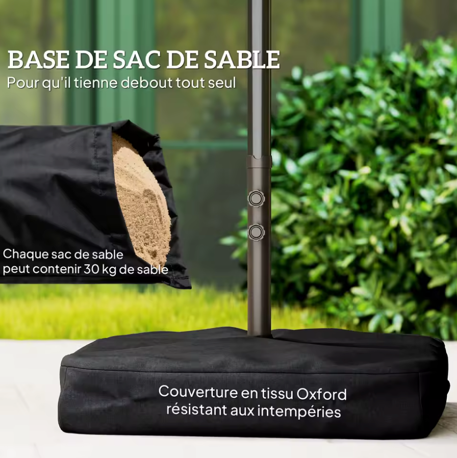 Grote Dubbele Tuinparasol 455 × 265 cm – Rechthoekig, met Krukmechanisme, Kruisvoet en Zandzakken, Grijs