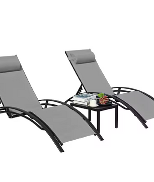 3-Delige Loungeset voor Buiten – 2 Aluminium Ligstoelen met Tafel, 5-Posities Verstelbaar & Ademend Textileen