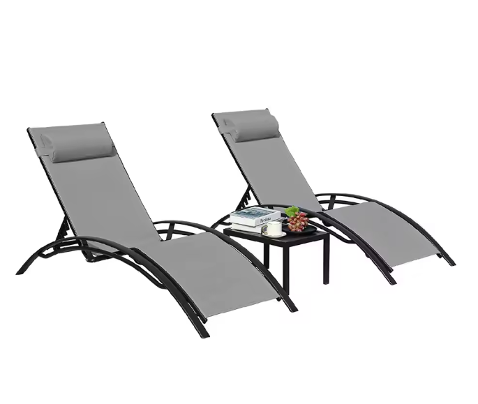 3-Delige Loungeset voor Buiten – 2 Aluminium Ligstoelen met Tafel, 5-Posities Verstelbaar & Ademend Textileen