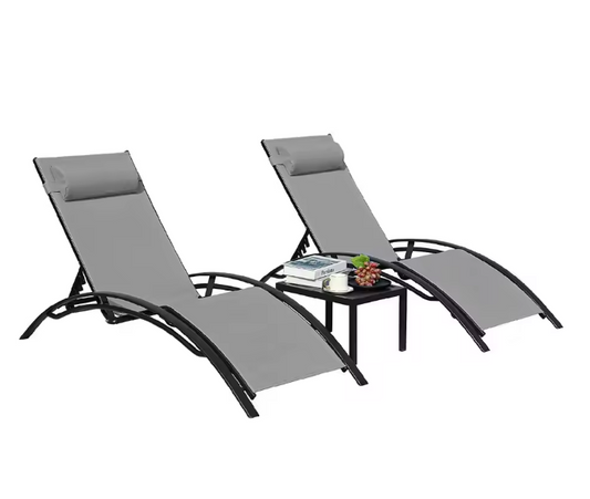 3-Delige Loungeset voor Buiten – 2 Aluminium Ligstoelen met Tafel, 5-Posities Verstelbaar & Ademend Textileen