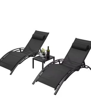 3-Delige Loungeset voor Buiten – 2 Aluminium Ligstoelen met Tafel, 5-Posities Verstelbaar & Ademend Textileen