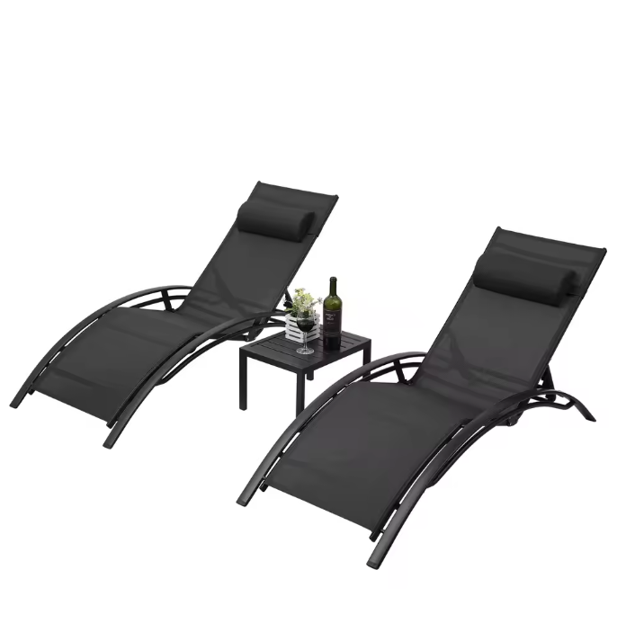 3-Delige Loungeset voor Buiten – 2 Aluminium Ligstoelen met Tafel, 5-Posities Verstelbaar & Ademend Textileen
