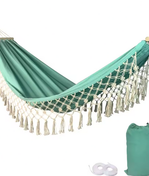Boho Canvas Hangmat met Kwastjes – 200×100 cm, Opvouwbaar & Comfortabel voor Buiten