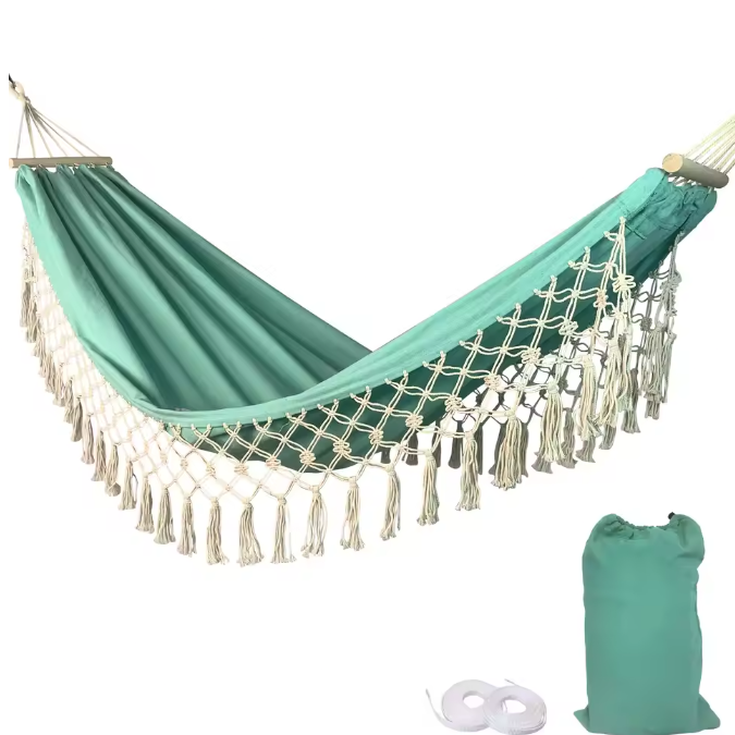 Boho Canvas Hangmat met Kwastjes – 200×100 cm, Opvouwbaar & Comfortabel voor Buiten