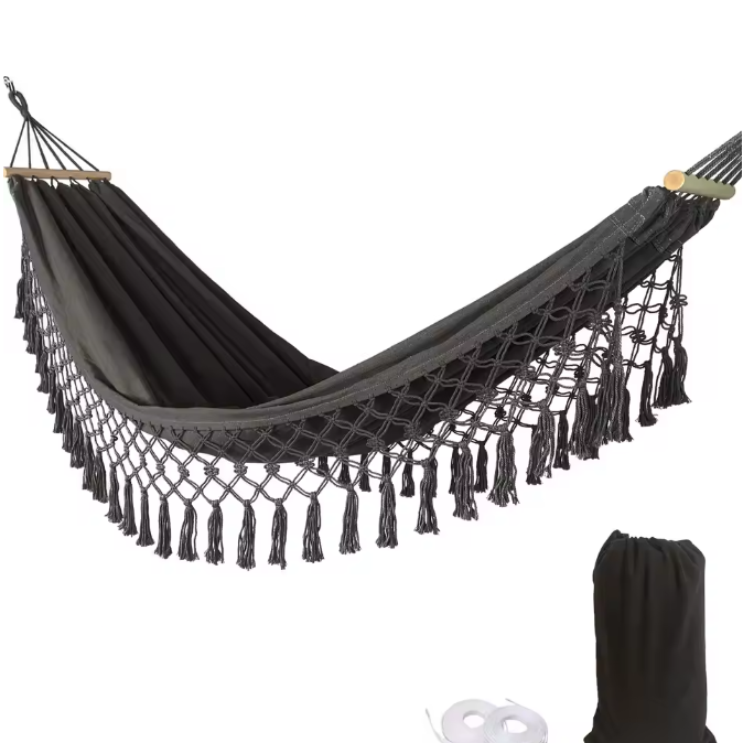 Boho Canvas Hangmat met Kwastjes – 200×100 cm, Opvouwbaar & Comfortabel voor Buiten