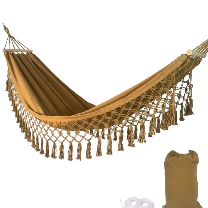 Boho Canvas Hangmat met Kwastjes – 200×100 cm, Opvouwbaar & Comfortabel voor Buiten