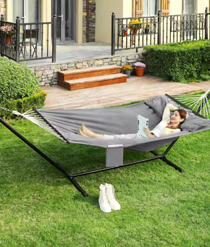 Grijs-Zwarte Hangmat met Houten Spreader Bars – 210×150 cm, 2 Kussens & Zijtas, Tot 300 kg Draagvermogen