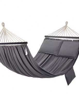 Grijs-Zwarte Hangmat met Houten Spreader Bars – 210×150 cm, 2 Kussens & Zijtas, Tot 300 kg Draagvermogen