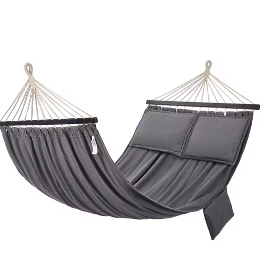 Grijs-Zwarte Hangmat met Houten Spreader Bars – 210×150 cm, 2 Kussens & Zijtas, Tot 300 kg Draagvermogen
