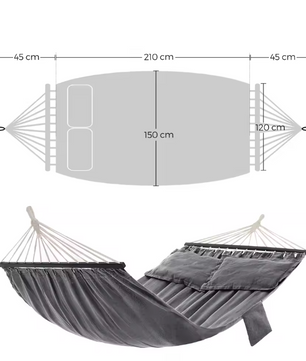 Grijs-Zwarte Hangmat met Houten Spreader Bars – 210×150 cm, 2 Kussens & Zijtas, Tot 300 kg Draagvermogen