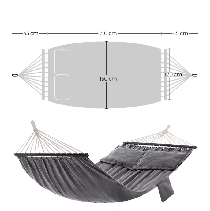 Grijs-Zwarte Hangmat met Houten Spreader Bars – 210×150 cm, 2 Kussens & Zijtas, Tot 300 kg Draagvermogen