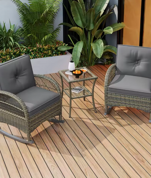 Rotan Balkonset met Schommelstoelen en Glazen Tafel – 3-Delige Lounge Tuinset voor Buiten