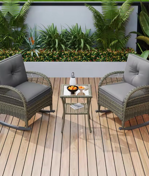 Rotan Balkonset met Schommelstoelen en Glazen Tafel – 3-Delige Lounge Tuinset voor Buiten