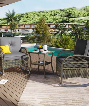 Rotan Balkonset met Schommelstoelen en Glazen Tafel – 3-Delige Lounge Tuinset voor Buiten