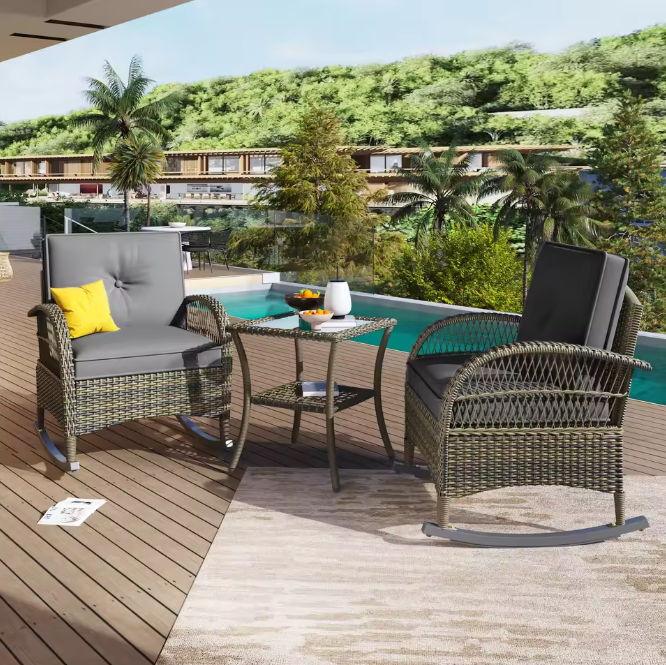 Rotan Balkonset met Schommelstoelen en Glazen Tafel – 3-Delige Lounge Tuinset voor Buiten