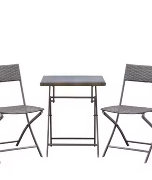 3-delige Opvouwbare Balkonset – Zwarte Tuintafel met 2 Klapstoelen van Metaal & Polyrotan