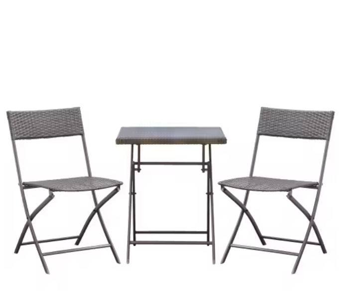 3-delige Opvouwbare Balkonset – Zwarte Tuintafel met 2 Klapstoelen van Metaal & Polyrotan