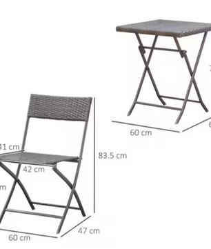 3-delige Opvouwbare Balkonset – Zwarte Tuintafel met 2 Klapstoelen van Metaal & Polyrotan
