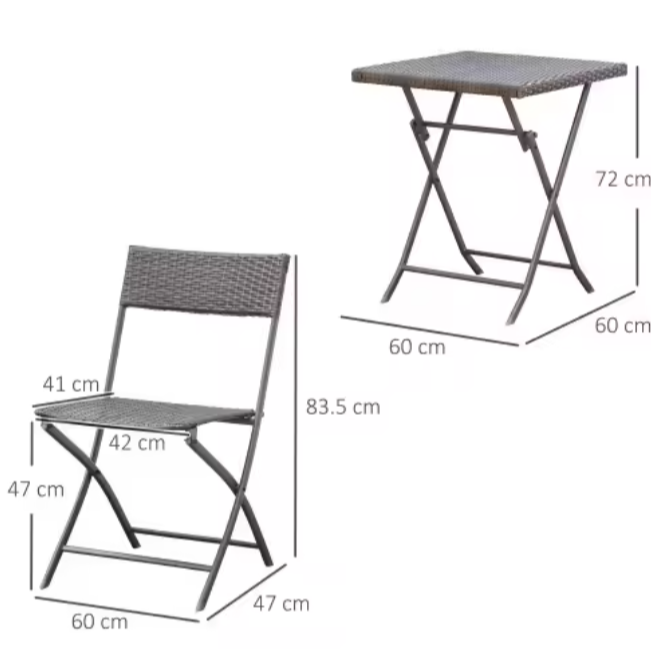 3-delige Opvouwbare Balkonset – Zwarte Tuintafel met 2 Klapstoelen van Metaal & Polyrotan