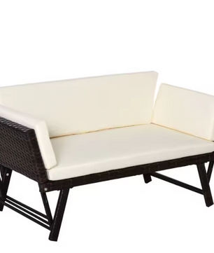 Opvouwbare 2-zits Tuinbank – Stalen Loungebank met Armleuningen & Kussens, Rotanlook voor Balkon en Terras