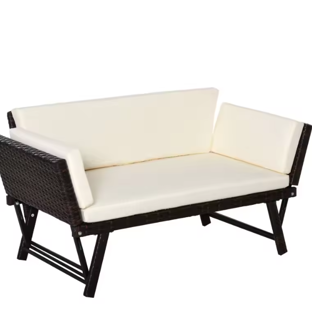 Opvouwbare 2-zits Tuinbank – Stalen Loungebank met Armleuningen & Kussens, Rotanlook voor Balkon en Terras