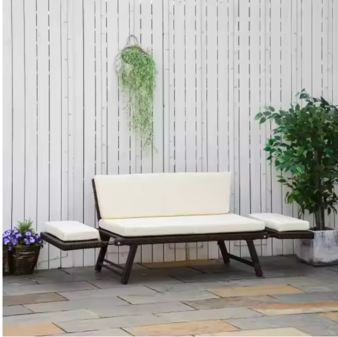 Opvouwbare 2-zits Tuinbank – Stalen Loungebank met Armleuningen & Kussens, Rotanlook voor Balkon en Terras