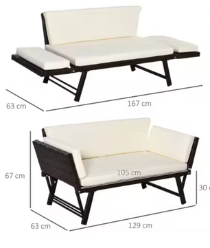 Opvouwbare 2-zits Tuinbank – Stalen Loungebank met Armleuningen & Kussens, Rotanlook voor Balkon en Terras