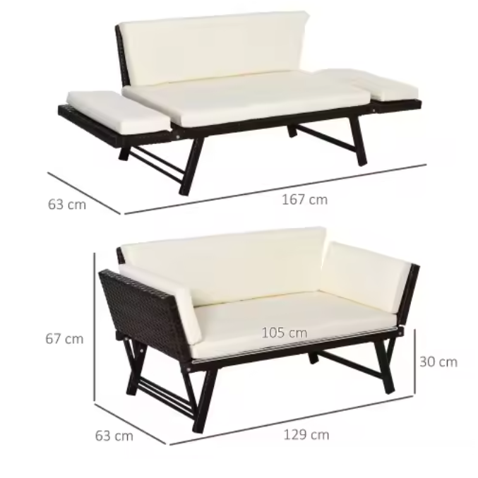 Opvouwbare 2-zits Tuinbank – Stalen Loungebank met Armleuningen & Kussens, Rotanlook voor Balkon en Terras