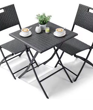 Opvouwbare Balkonset: Tafel + 2 Rotan Stoelen - Ideaal voor Balkon & Camping
