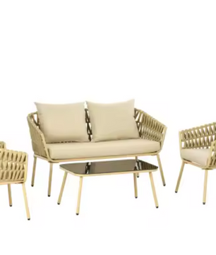4-delige Rotan Tuinset – Bank, 2 Stoelen & Glazen Salontafel voor Buiten
