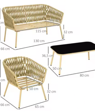 4-delige Rotan Tuinset – Bank, 2 Stoelen & Glazen Salontafel voor Buiten