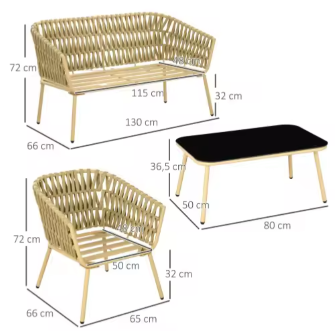 4-delige Rotan Tuinset – Bank, 2 Stoelen & Glazen Salontafel voor Buiten