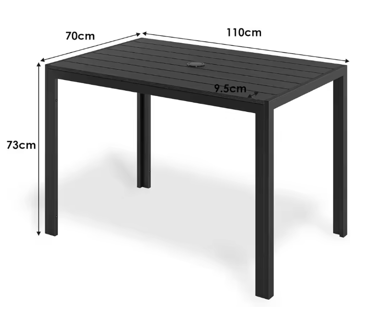Weerbestendige Tuintafel met Parasolgat – Aluminium & WPC, Rechthoekig 110x70 cm