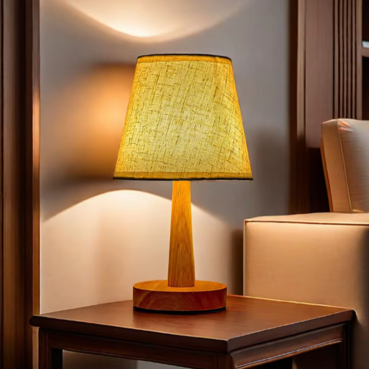 Stoffen Tafellamp – Houten Basis & Warm LED Licht, Modern Japans Design